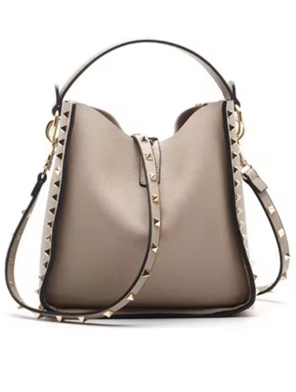 Genuine Cowhide Leather Studded Bucket Bag with Top Handle - Picture 3 of 16